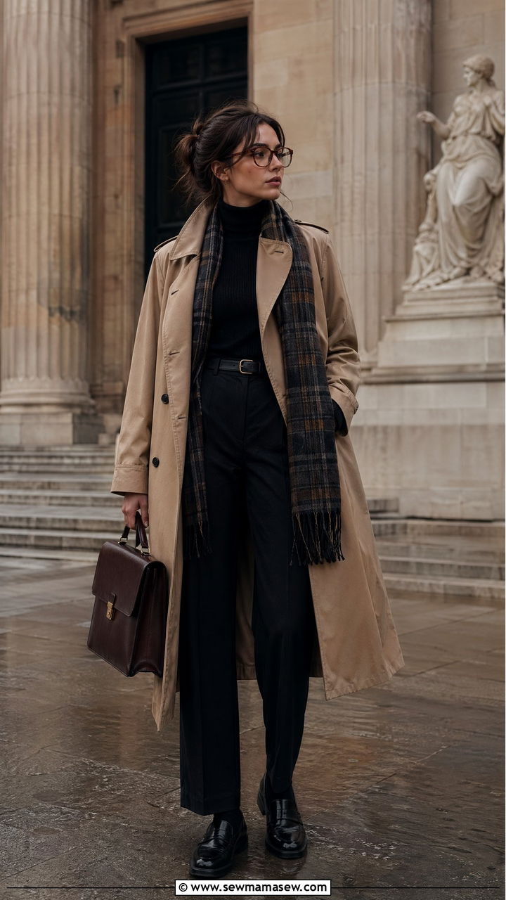 Trench Coat and Black Turtleneck with Tailored Trousers - 35 dark academia outfits