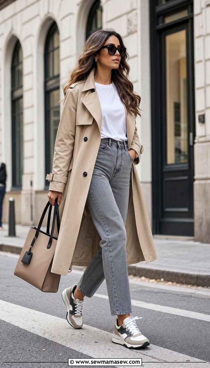 Trench Coat and Grey Jeans with Color Block Sneakers Outfit - 35 mom outfit ideas