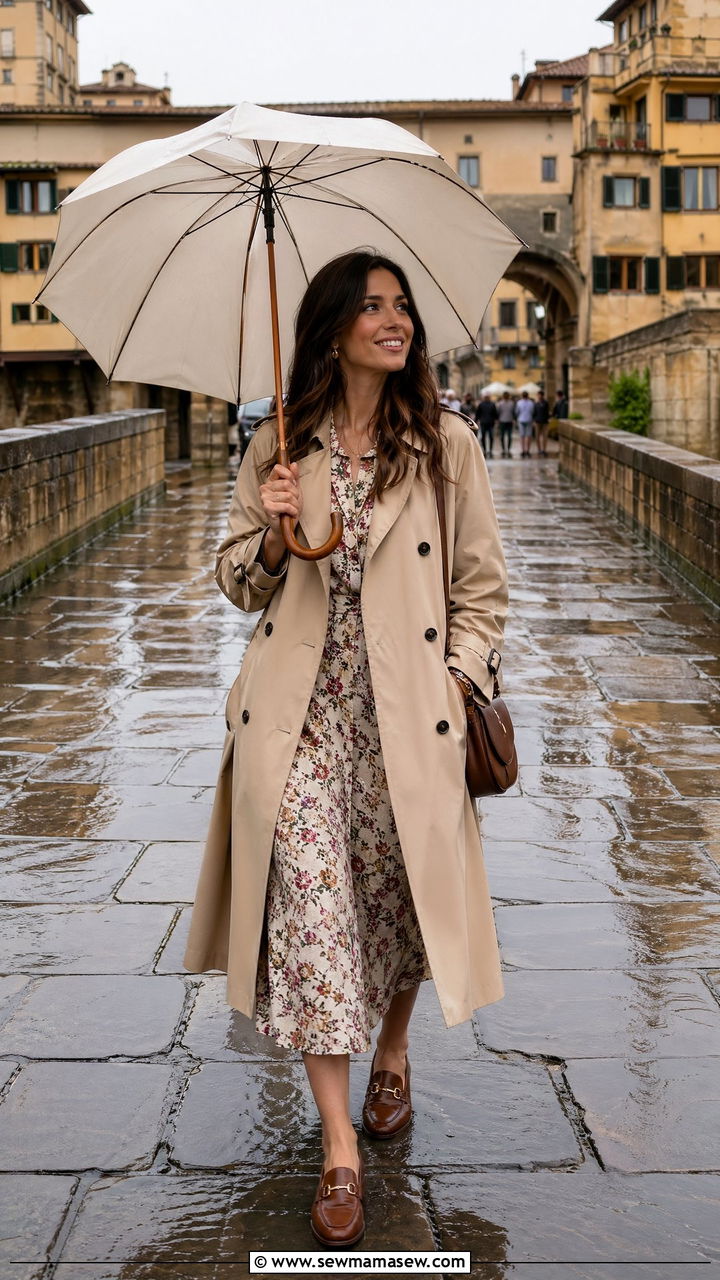 Trench Coat and Midi Dress - 35 Tuscany vacation outfit ideas