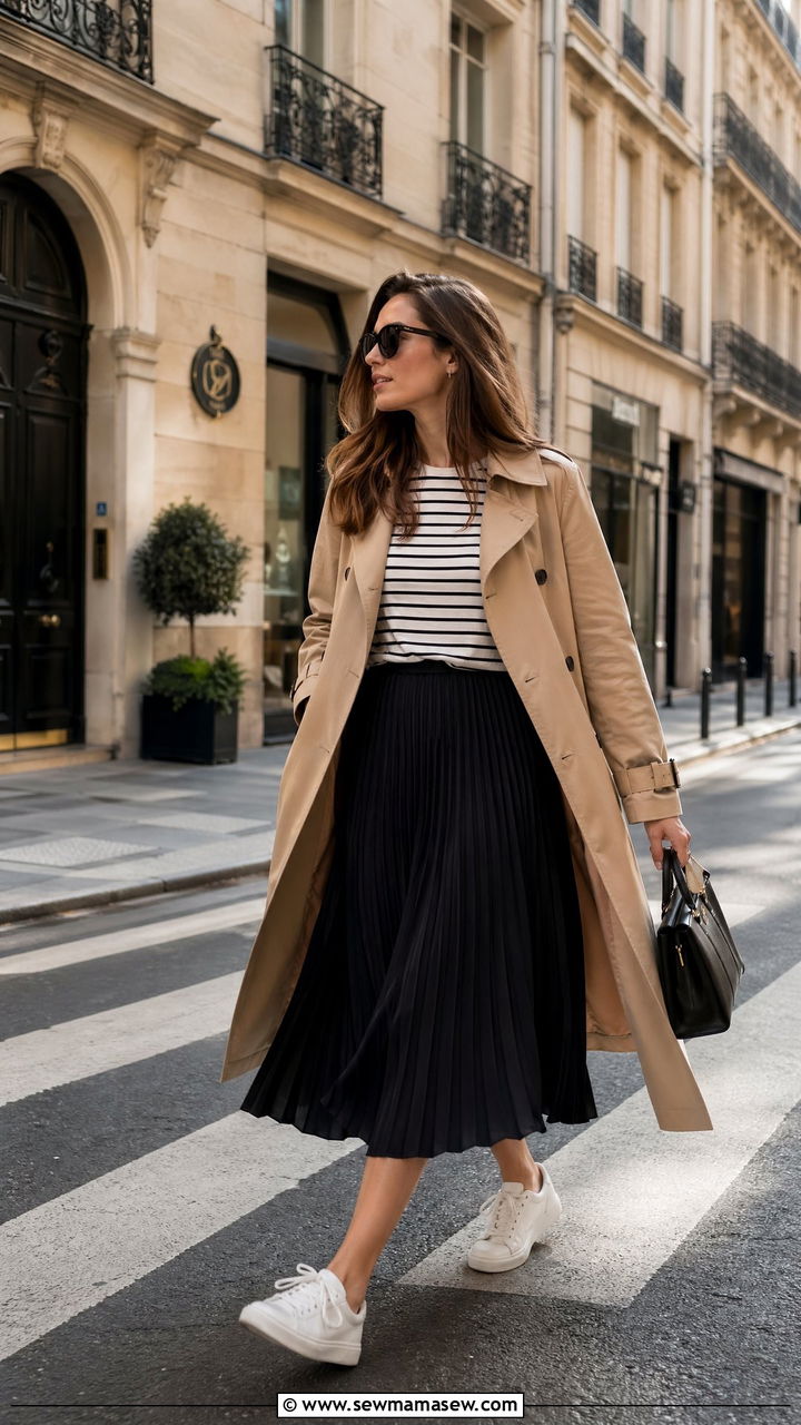 Trench Coat and Midi Skirt - 35 Walking outfit ideas women