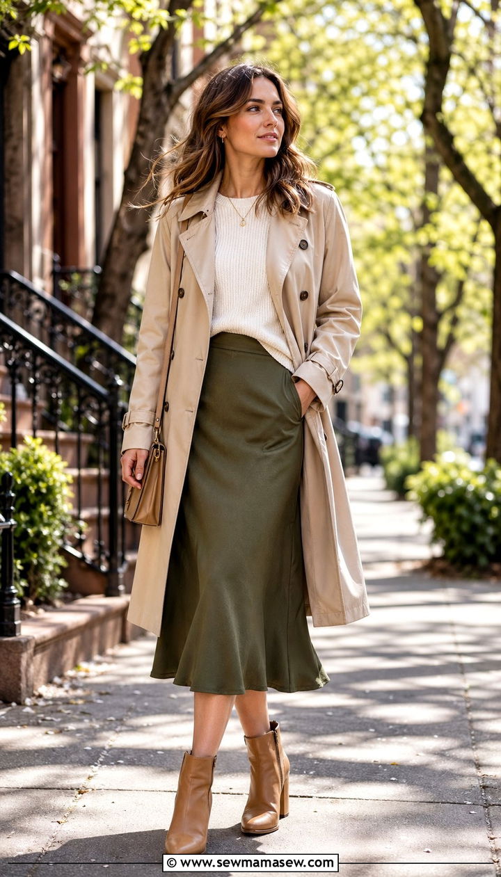 Trench Coat and Midi Skirt Spring Capsule Outfit - 30 10 piece spring capsule wardrobe