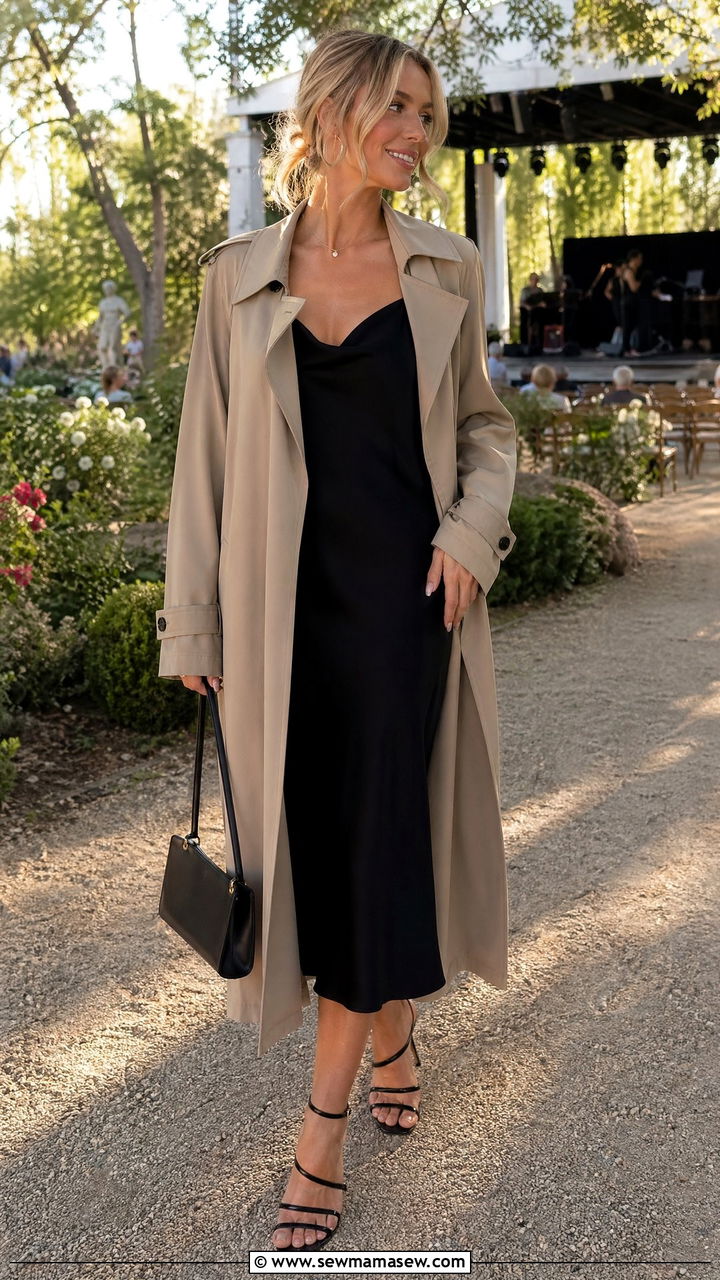 Trench Coat and Slip Dress Concert Outfit - 35 classy concert outfit ideas