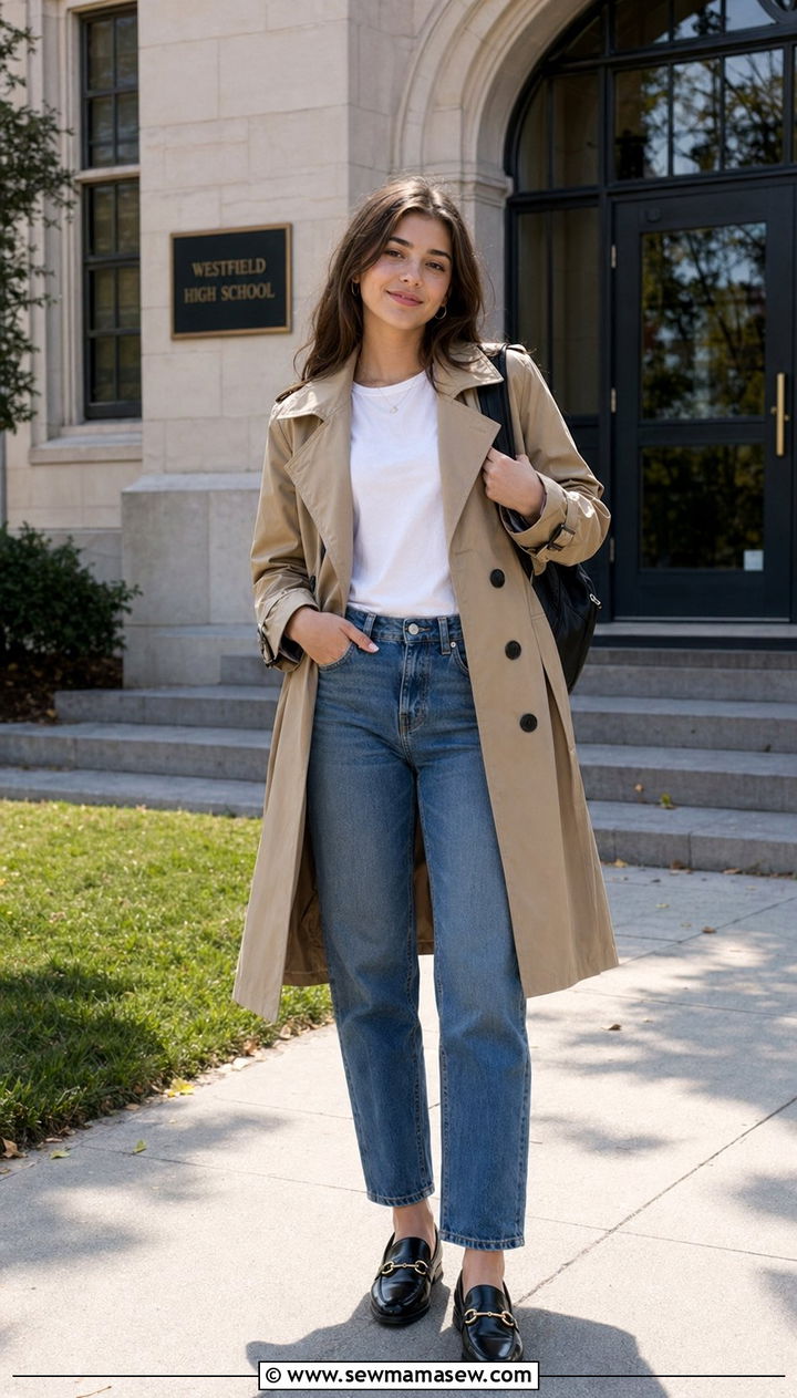 Trench Coat and Straight Leg Jeans Back To School Outfit - 30 Back to school outfit ideas high school 2026