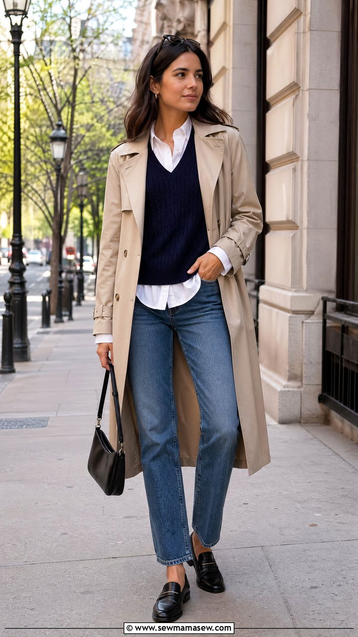 Trench Coat and Sweater Vest Spring Preppy Outfit - 35 spring preppy outfit ideas