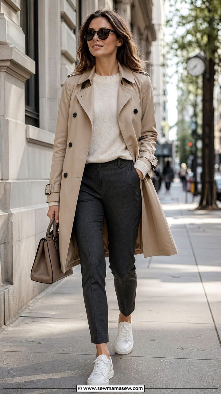Trench Coat and Tapered Trousers - 35 Walking outfit ideas women