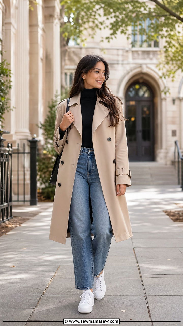 Trench Coat and Turtleneck with Straight Leg Jeans - 35 Cute college outfit ideas