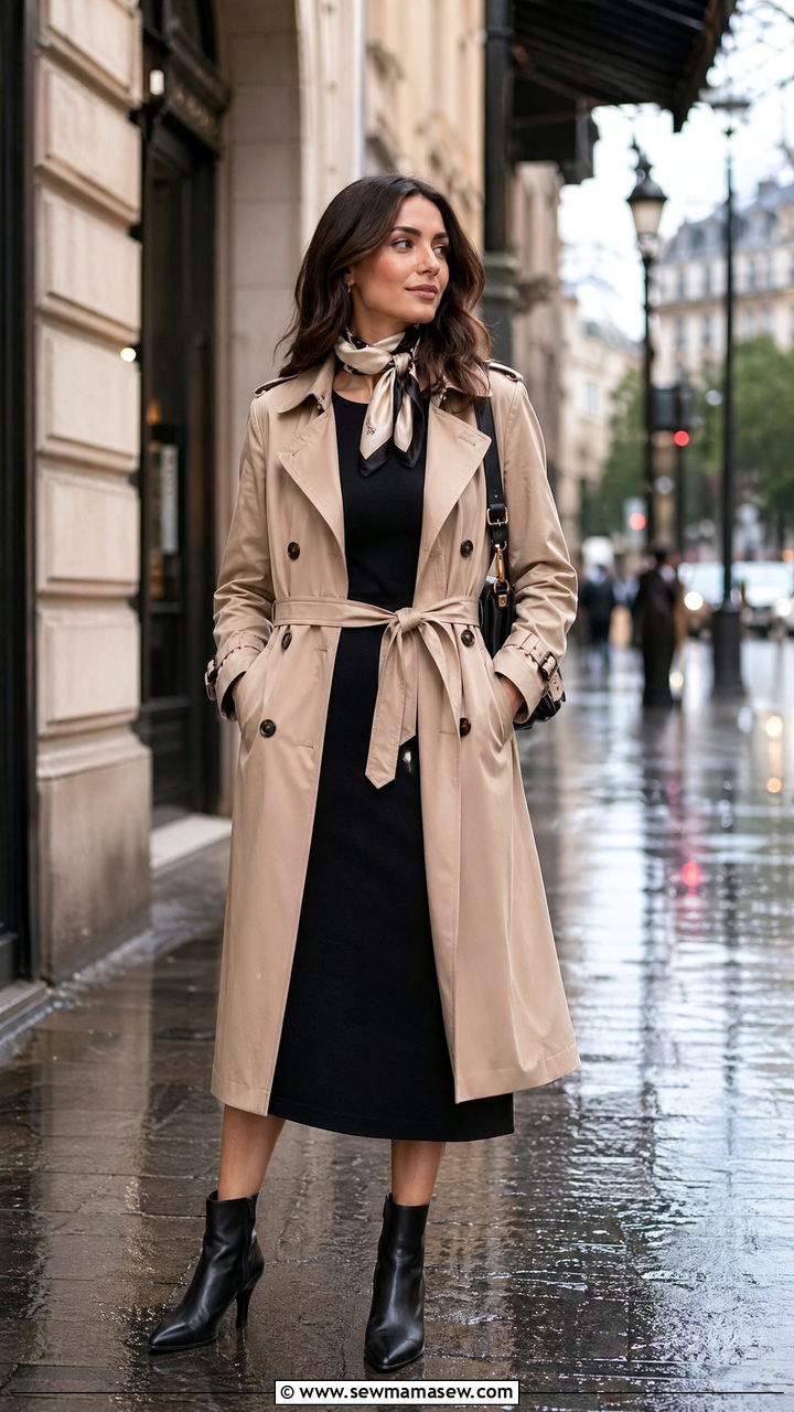 Trench Coat over Black Midi Dress - 35 Work outfits for women over 40