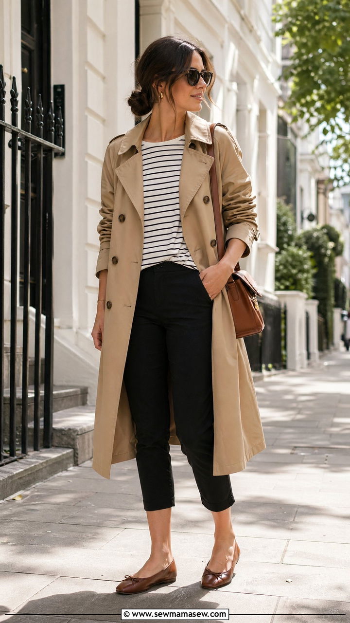 Trench Coat with Capri Pants and Ballet Flats Outfit - 35 transitional chic outfit ideas