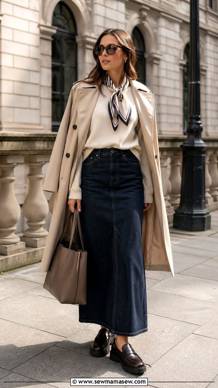 Trench Coat with Denim Maxi Skirt and Loafers - 30 spring denim maxi skirt outfit ideas