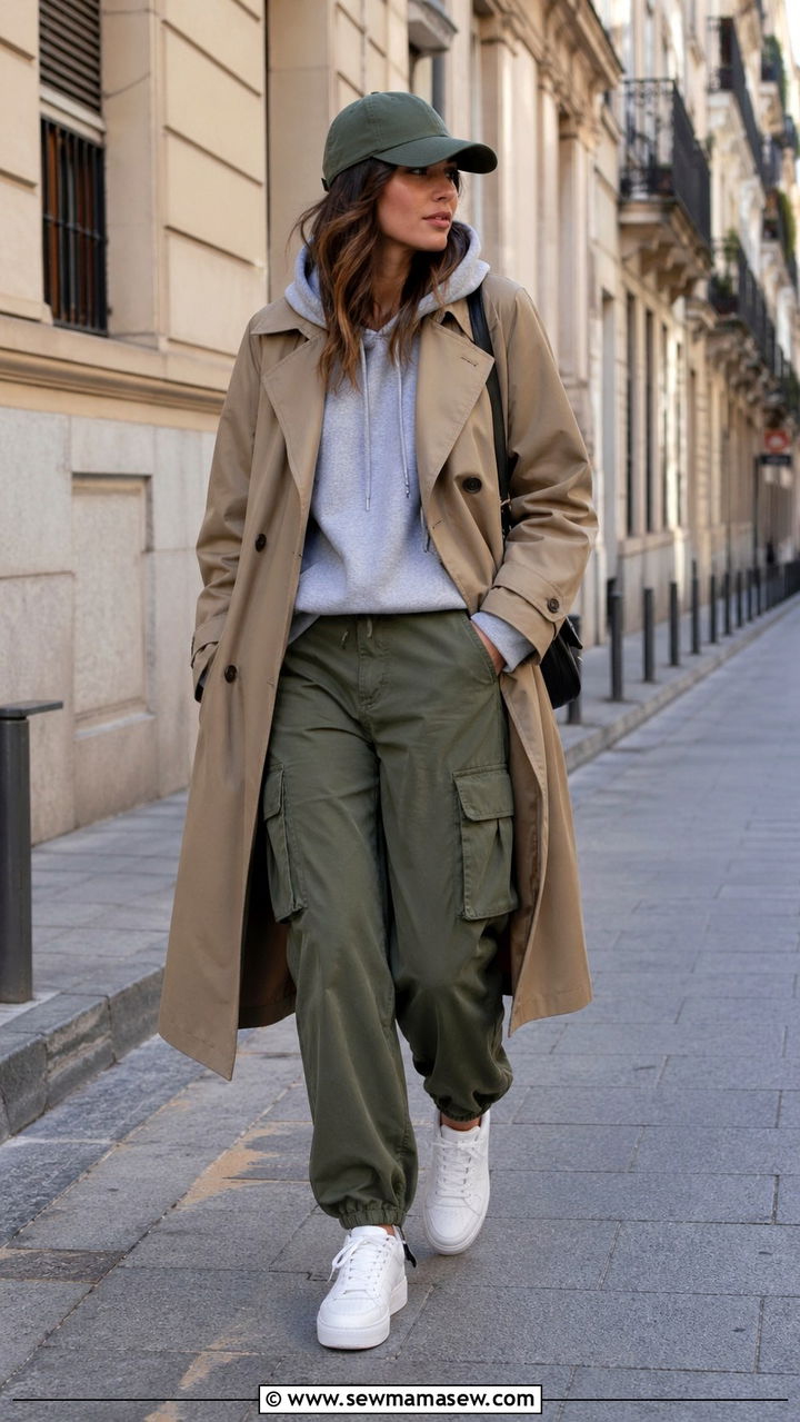 Trench Coat with Hoodie and Cargo Pants - 30 spring cool weather outfit ideas