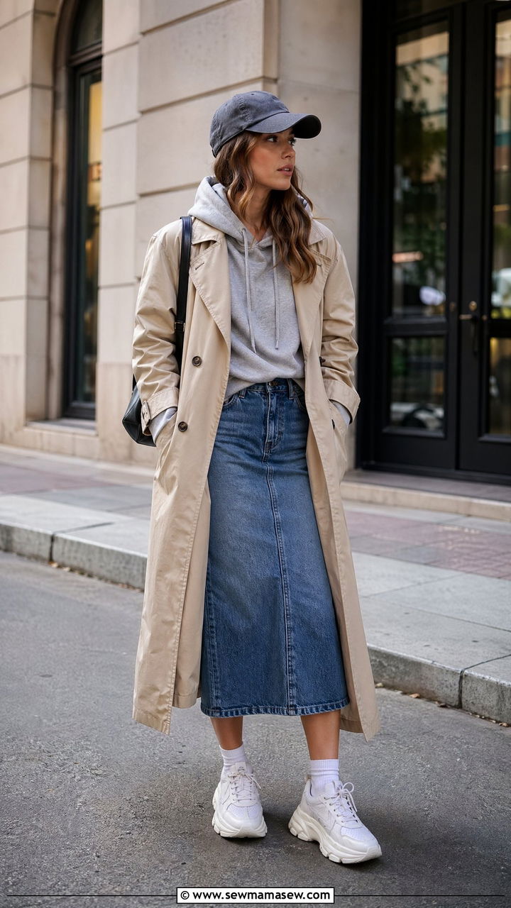 Trench Coat with Hoodie and Denim Skirt - 35 transitional outfits casual