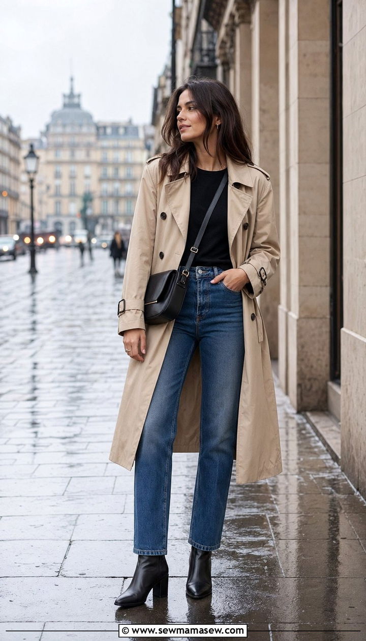 Trench Coat with Jeans and Ankle Boots - 35 rainy day outfit ideas
