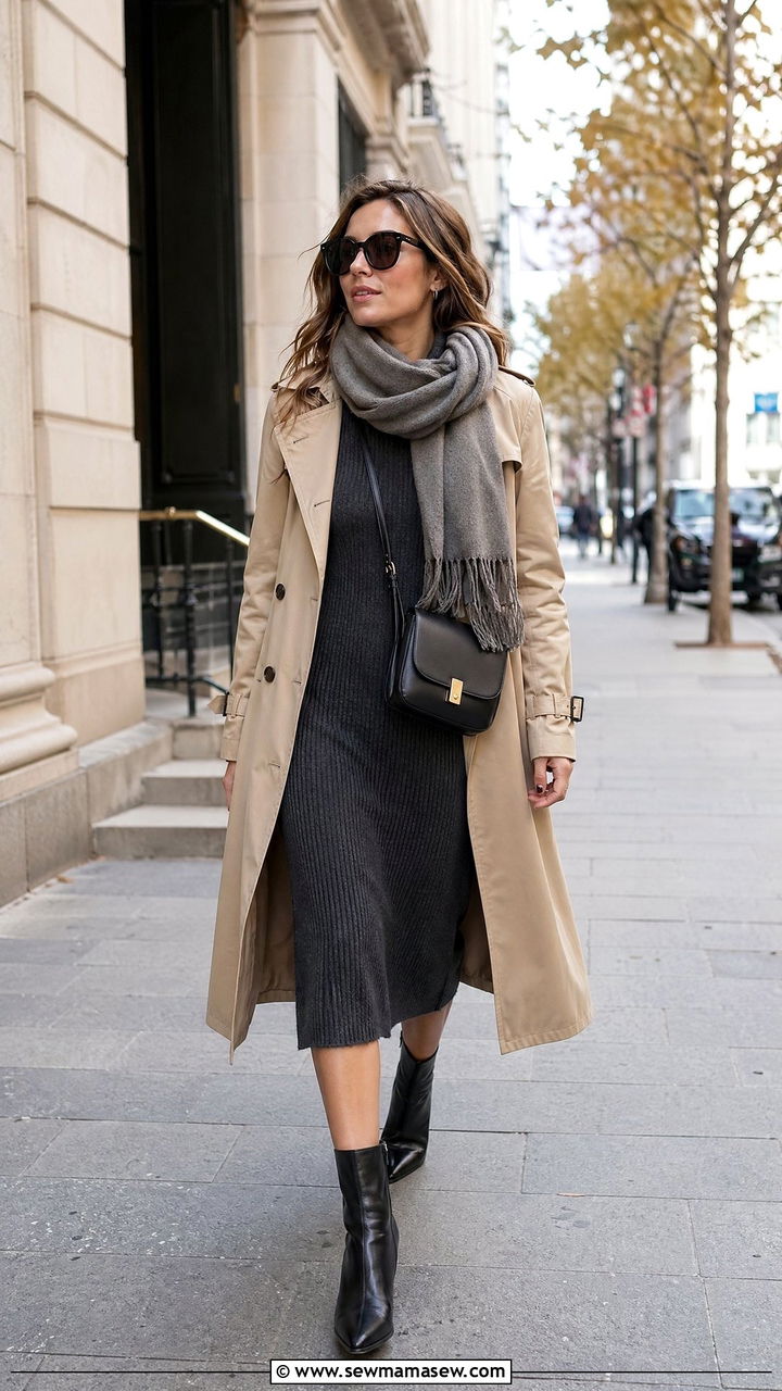 Trench Coat with Knit Dress and Ankle Boots - 35 cute outfit ideas for women