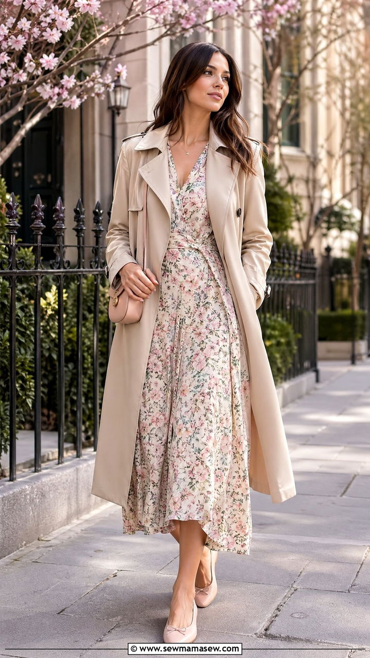 Trench Coat with Midi Dress and Ballet Flats - 35 spring preppy outfits