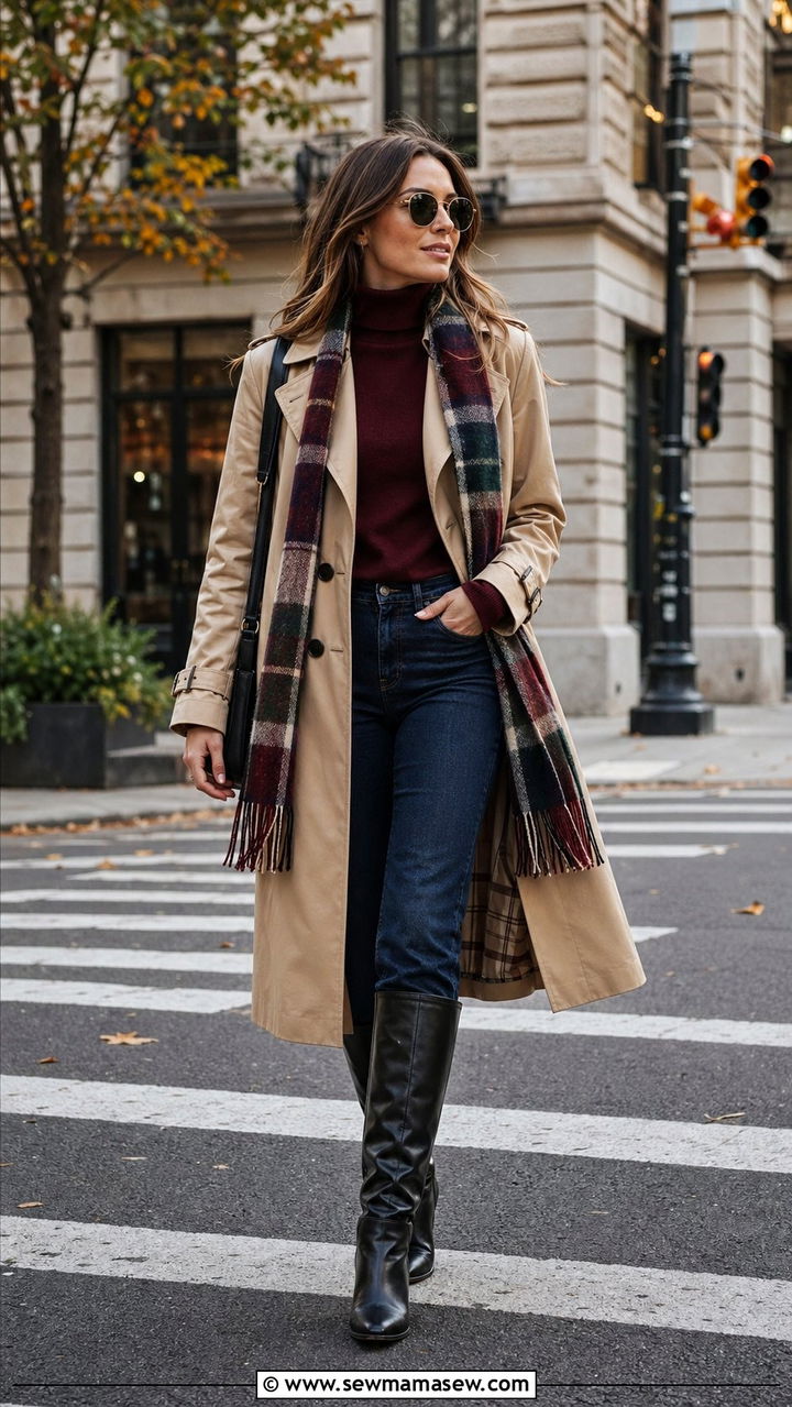 Trench Coat with Plaid Scarf and Knee High Boots - 35 Preppy outfit ideas