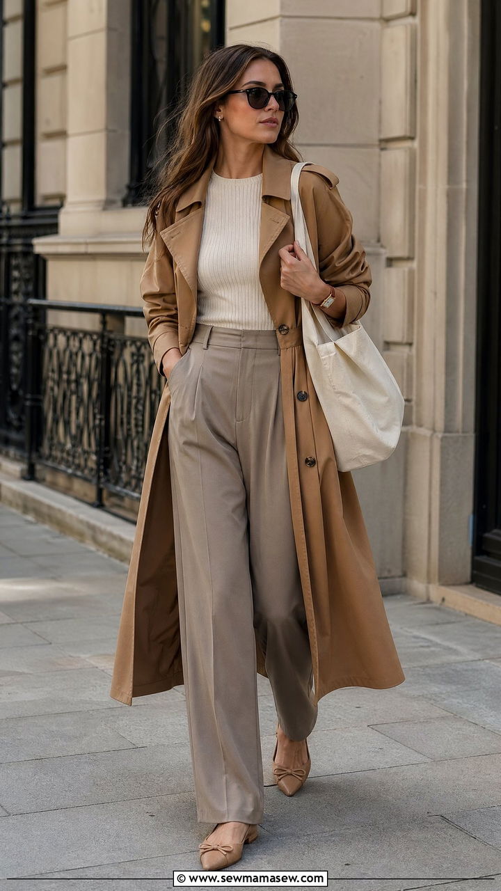 Trench Coat with Relaxed Trousers and Pointed Flats for Tall Women - 35 Cute outfits for tall women
