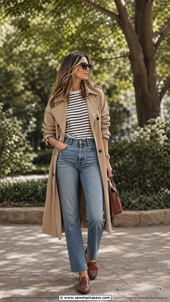 Trench Coat with Straight Leg Jeans - 35 Chic mom outfit ideas