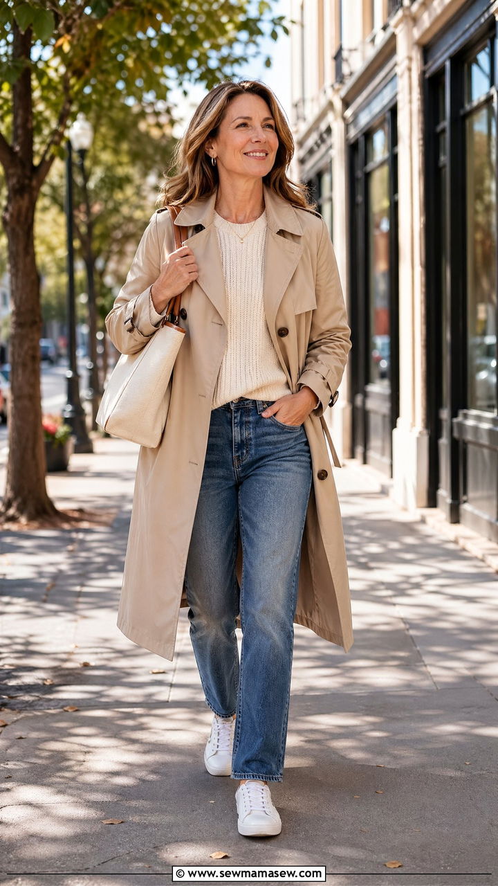 Trench Coat with Straight Leg Jeans - 35 Chic outfits for women over 40