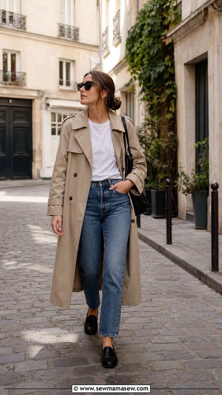 Trench Coat with Straight Leg Jeans - 35 Parisian travel outfits