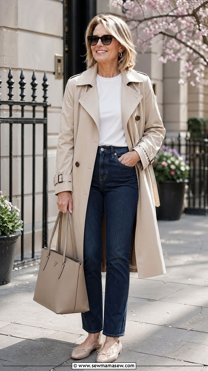 Trench Coat with Straight Leg Jeans and Ballet Flats - 35 spring outfit ideas for women over 50
