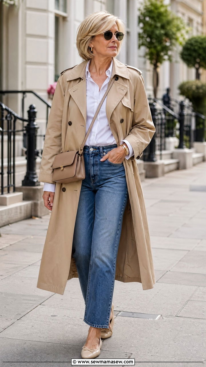 Trench Coat with Straight Leg Jeans and Ballet Flats - 35 Spring outfits for women over 50