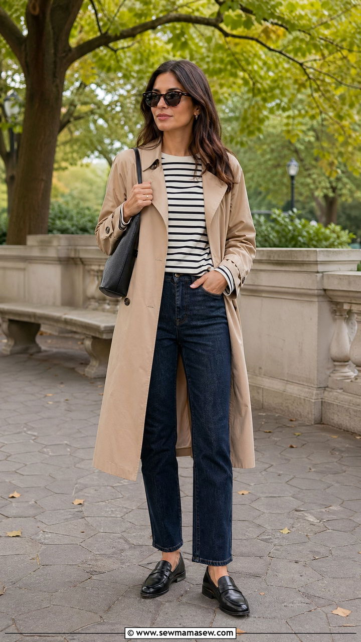 Trench Coat with Straight Leg Jeans and Loafers - 35 classy outfits