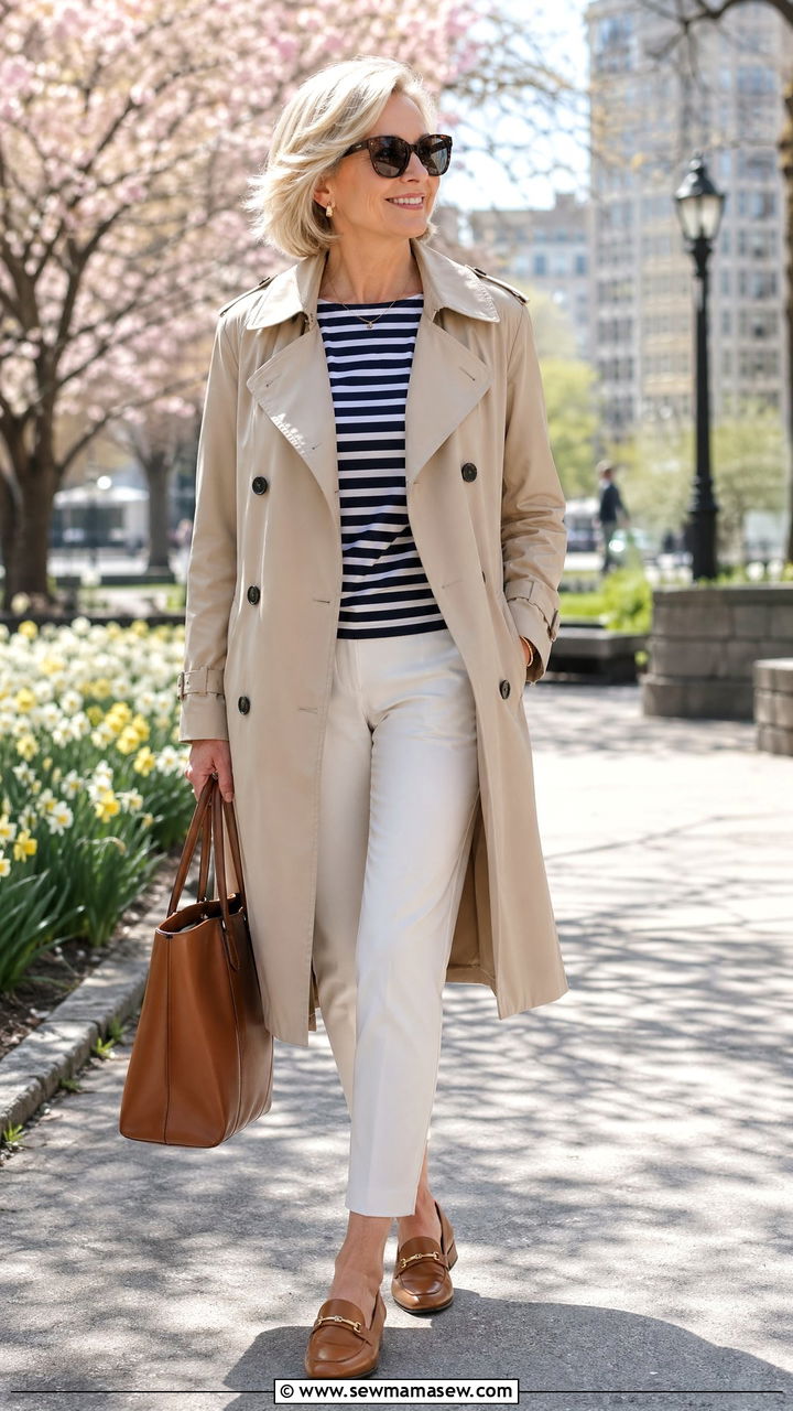 Trench Coat with Striped Tee and Ankle Pants - 35 Spring capsule wardrobe for women over 50