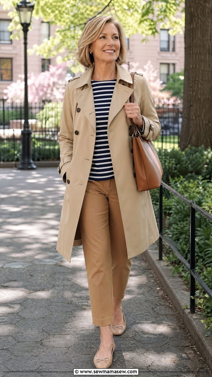 Trench Coat with Striped Tee and Ankle Pants - 35 spring outfit ideas for women over 50