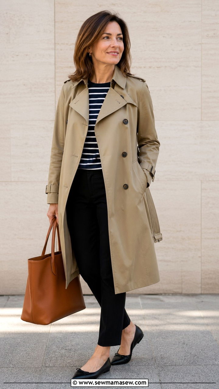 Trench Coat with Striped Tee and Ankle Pants - 30 Spring capsule wardrobe over 40