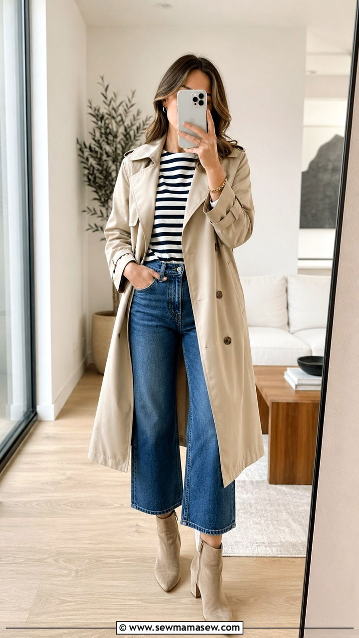 Trench Coat with Striped Tee and Cropped Wide Leg Jeans - 30 spring europe travel outfit ideas