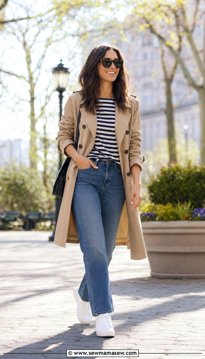 Trench Coat with Striped Tee and Jeans Spring Capsule Outfit - 30 10 piece spring capsule wardrobe