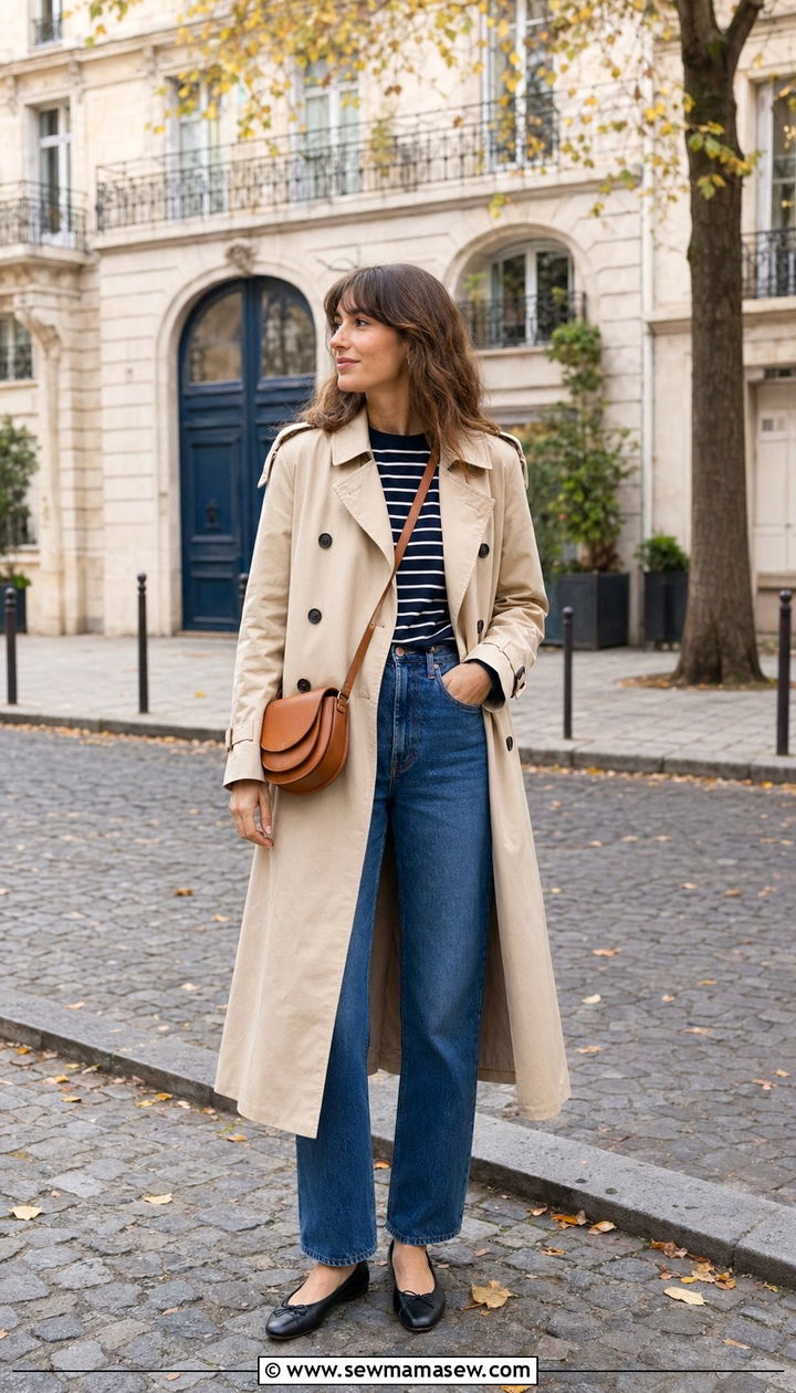 Trench Coat with Striped Top and Straight Leg Jeans - 35 Paris outfits for women
