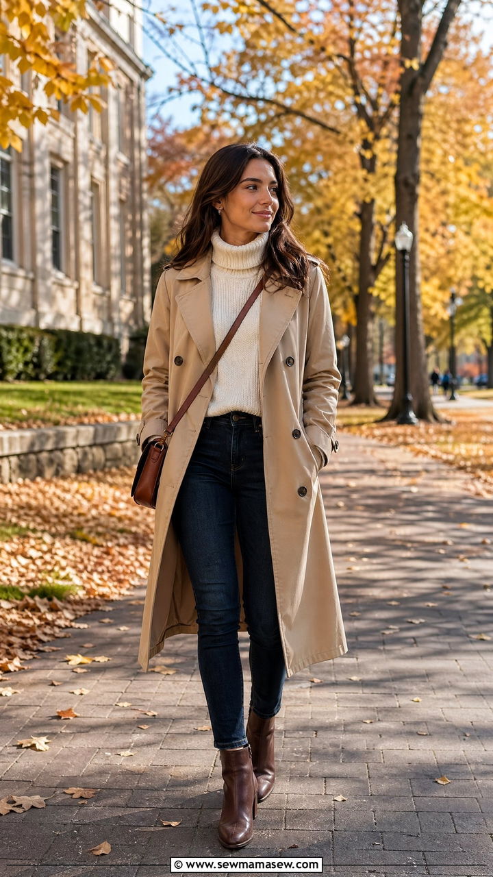 Trench Coat with Sweater and Ankle Boots - 35 college outfits for women