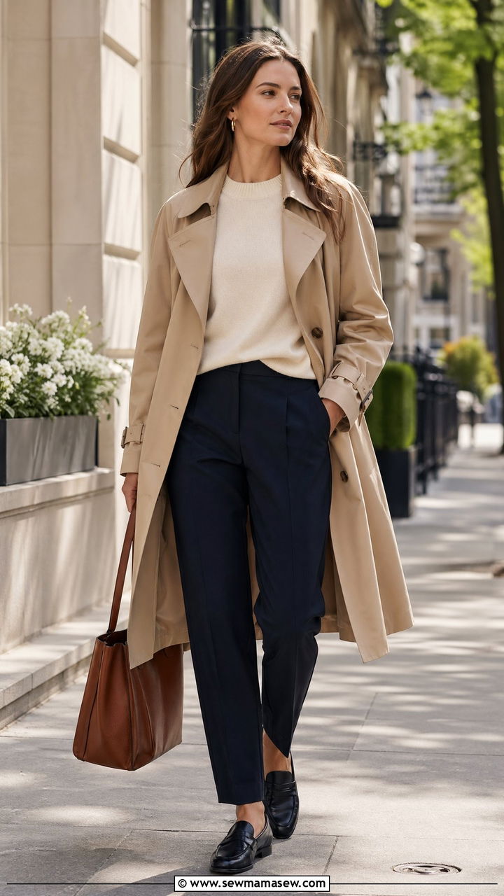 Trench Coat with Sweater and Tailored Trousers - 35 transitional outfits casual