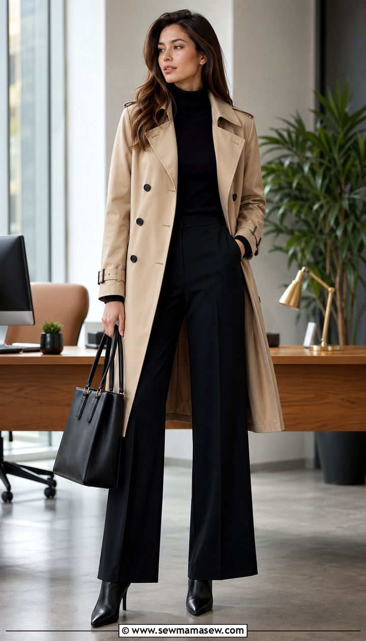 Trench Coat with Turtleneck and Trousers Spring Capsule Outfit - 30 10 piece spring capsule wardrobe