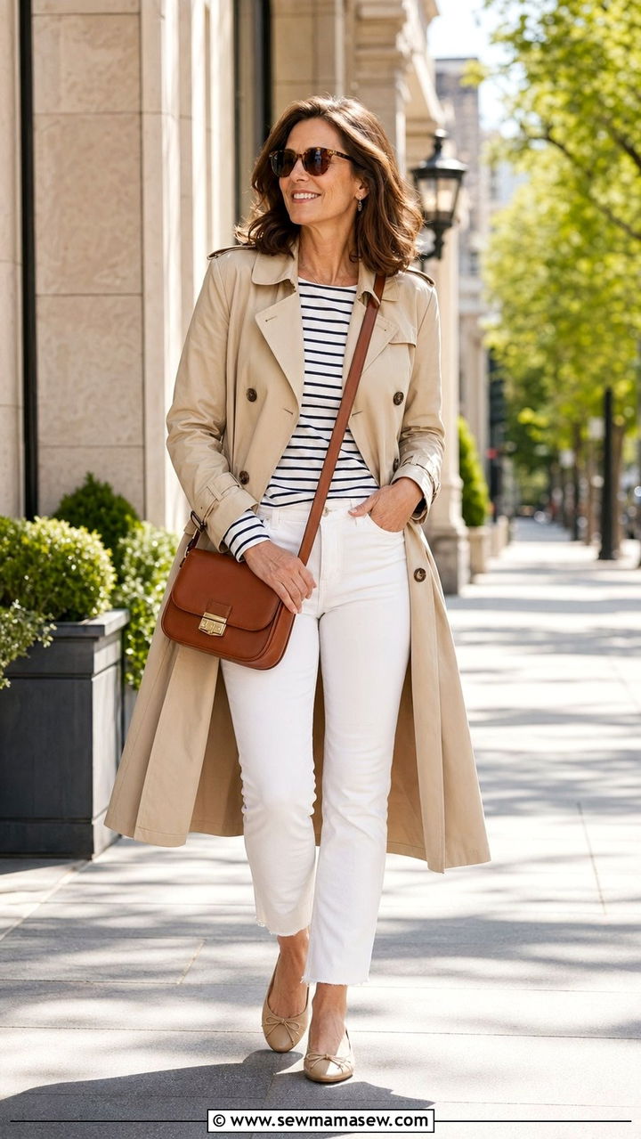 Trench Coat with White Jeans Outfit for Women Over 40 - 30 Aesthetic outfit ideas for women over 40