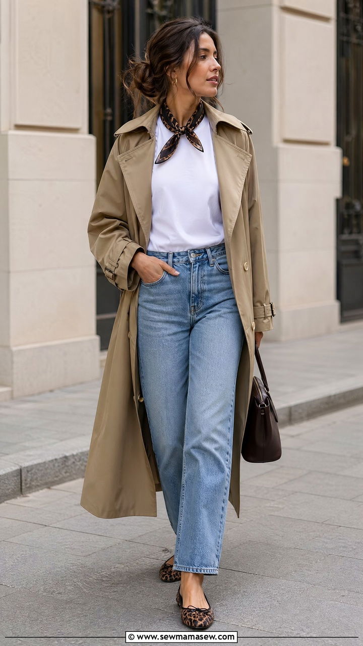 Trench Coat with White Tee and Straight Leg Jeans - 35 Cool spring outfits