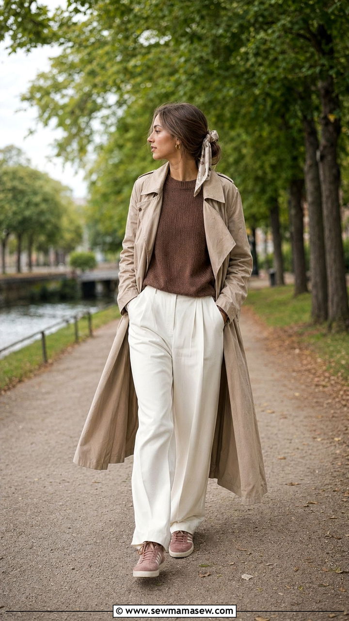 Trench Coat with White Trousers Outfit - 35 Scandinavian outfit ideas
