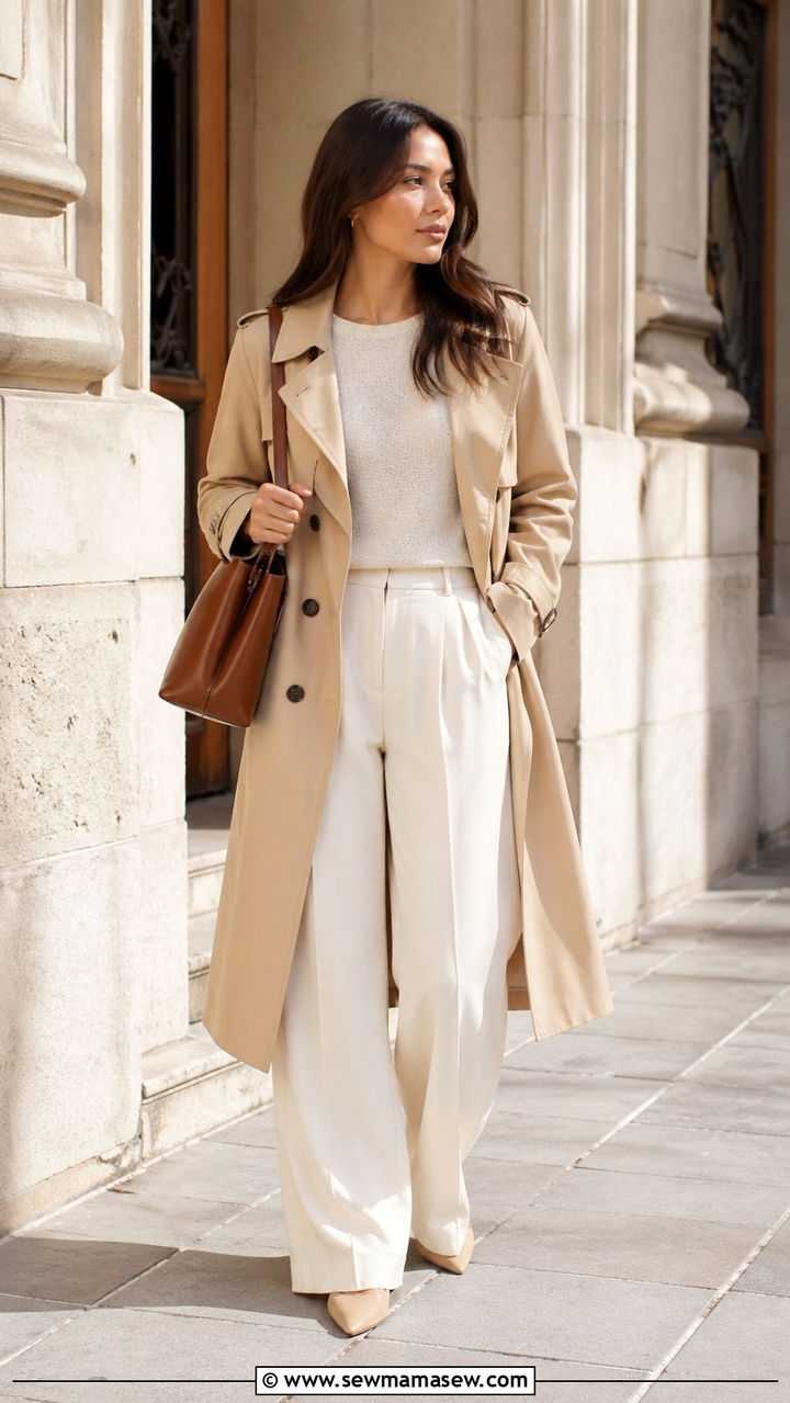 Trench Coat with Wide Leg Trousers - 30 spring modest outfit ideas
