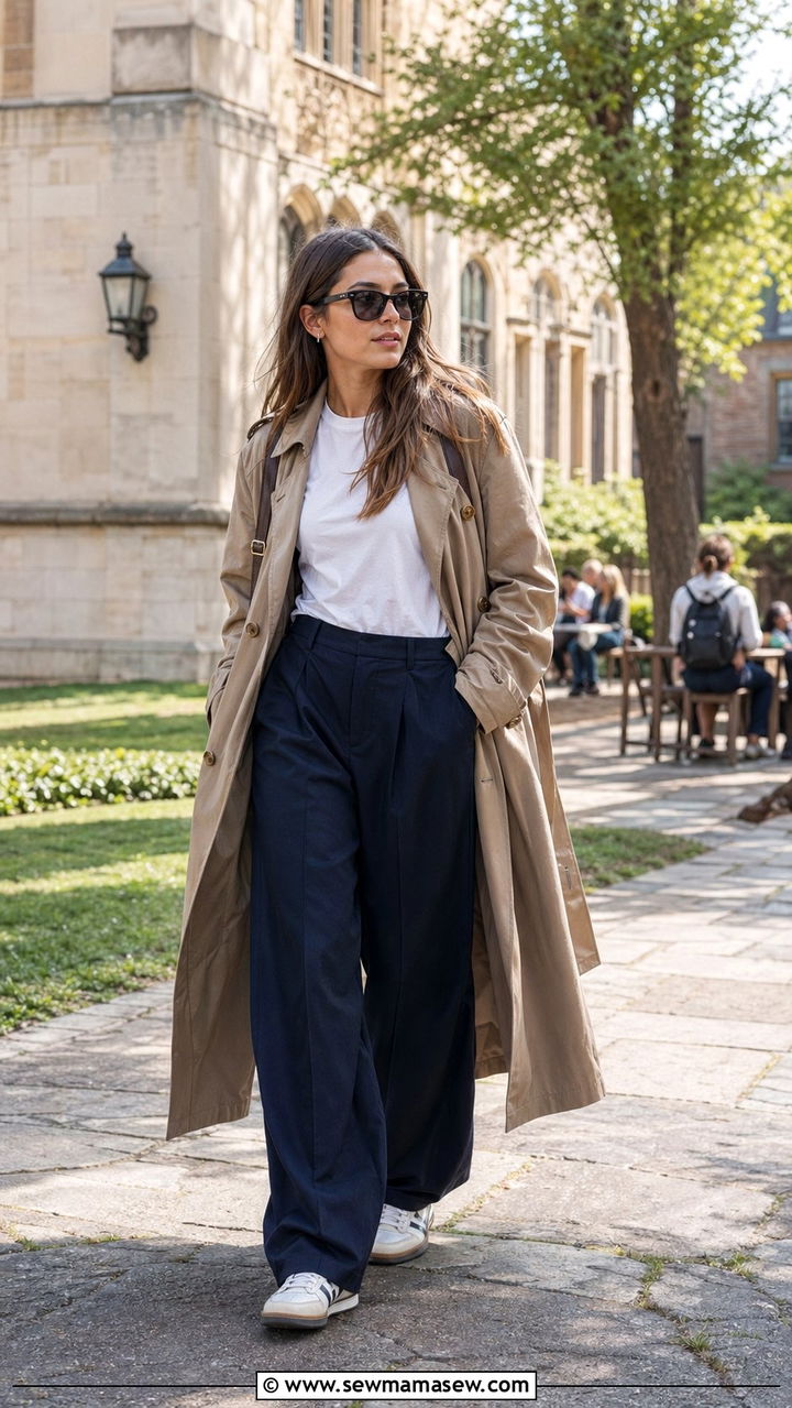 Trench Coat with Wide Leg Trousers - 30 Back to school outfit ideas college sophomore