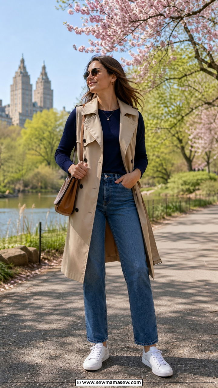 Trench Vest With Long Sleeve Tee And Straight Leg Jeans - 35 Windy spring outfits