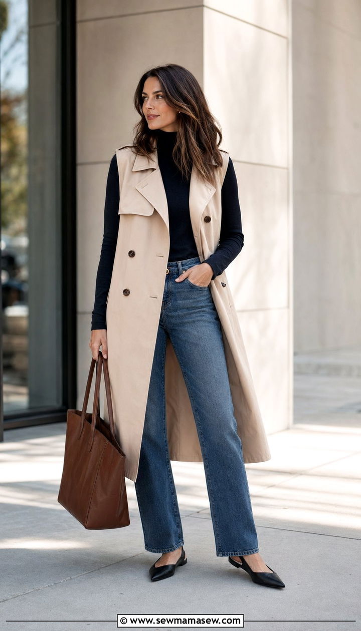 Trench Vest with Turtleneck and Straight Leg Jeans - 30 60 degree weather outfits