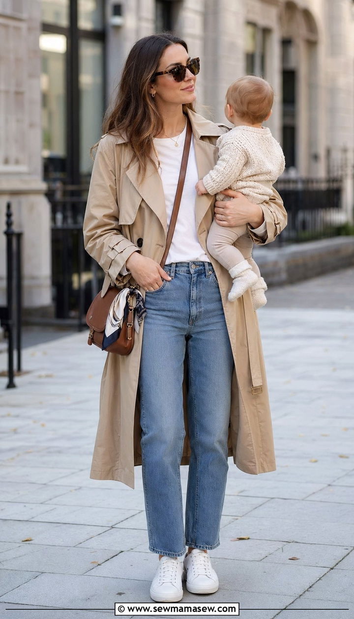 Trench coat and jeans with sneakers outfit - 35 Outfit ideas for new moms