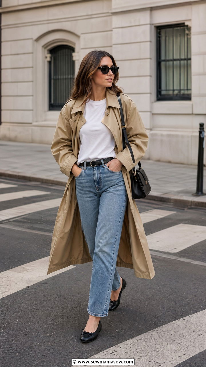 Trench coat and straight leg jeans look - 35 Clean girl spring outfits