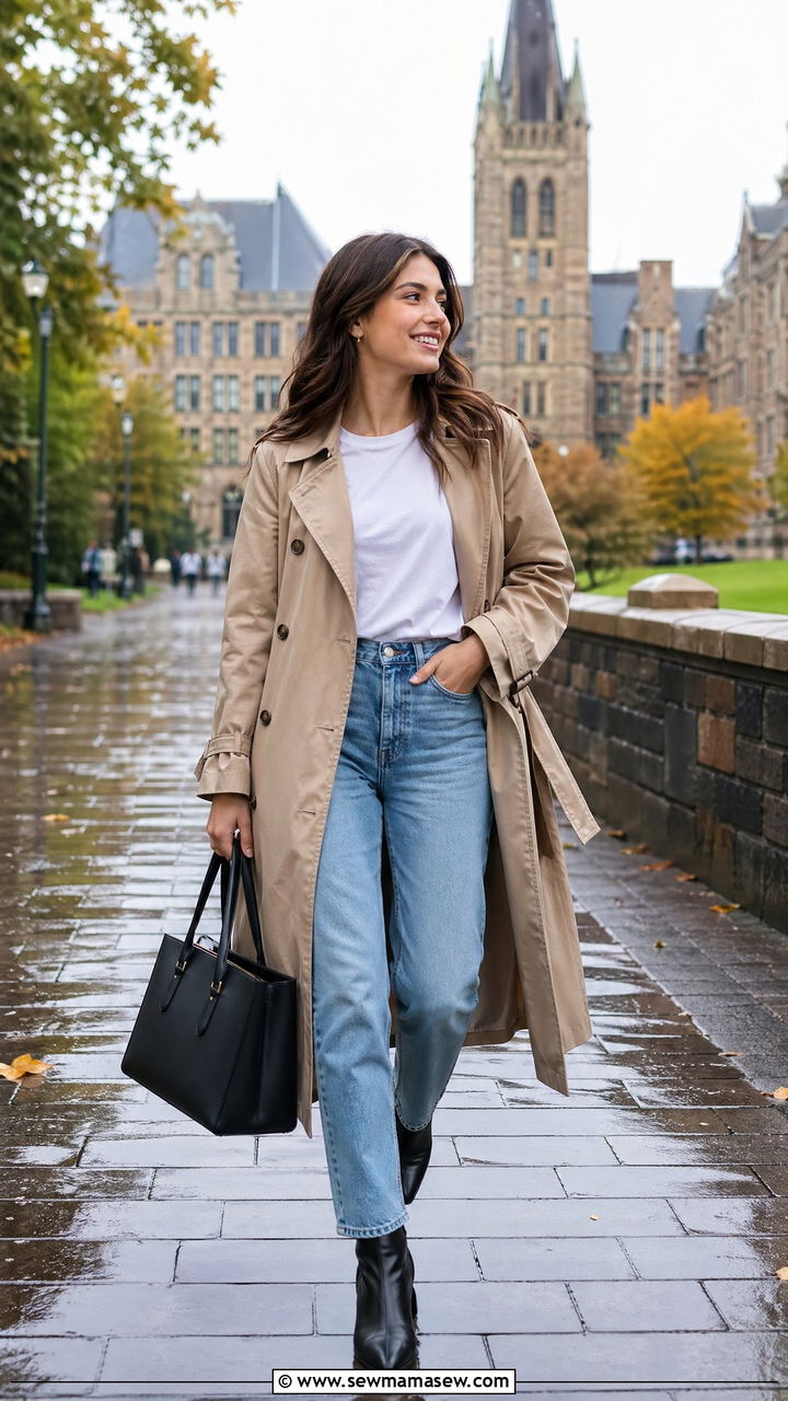 Trench coat and straight leg jeans outfit - 35 College campus outfit ideas