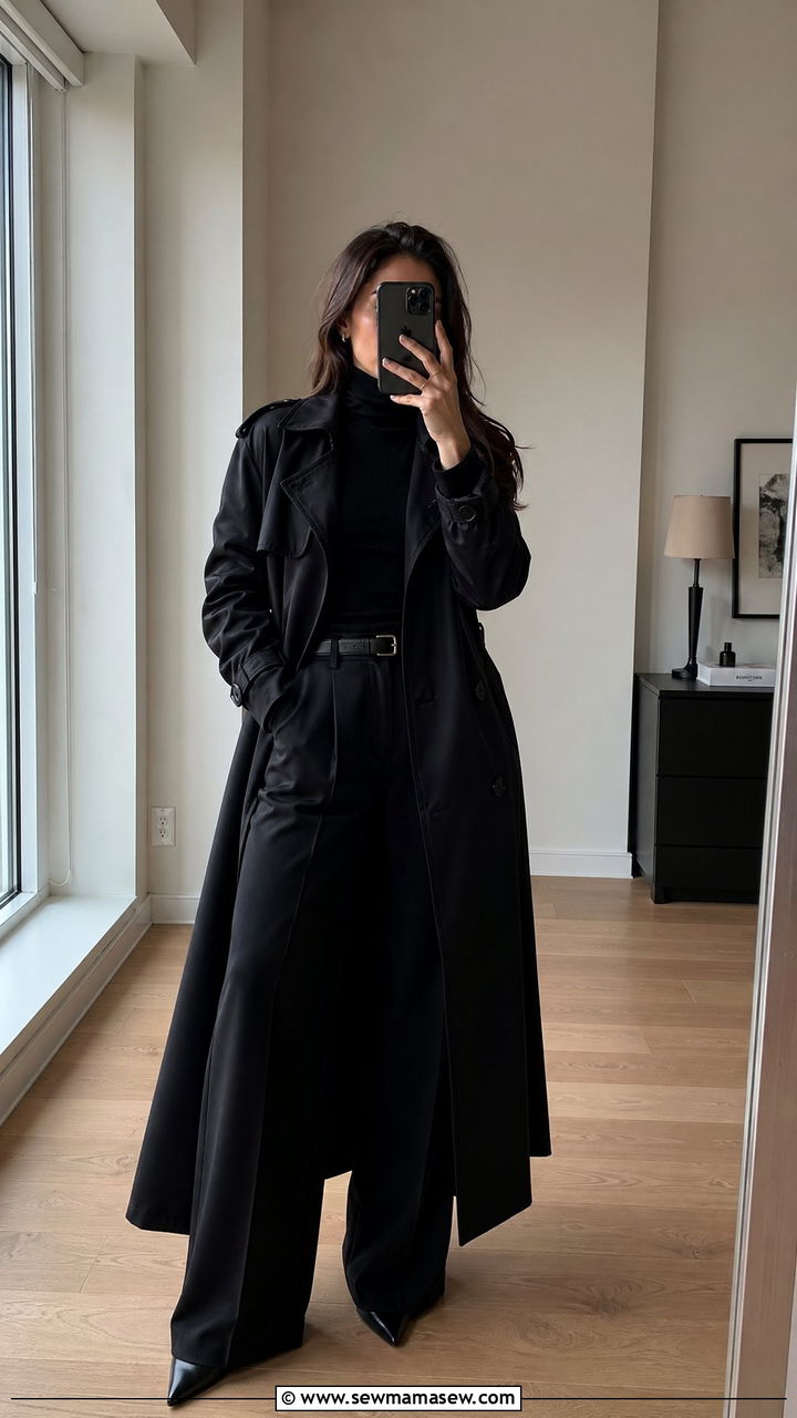 Trench coat and trousers spring all black outfit - 35 spring all black outfit ideas