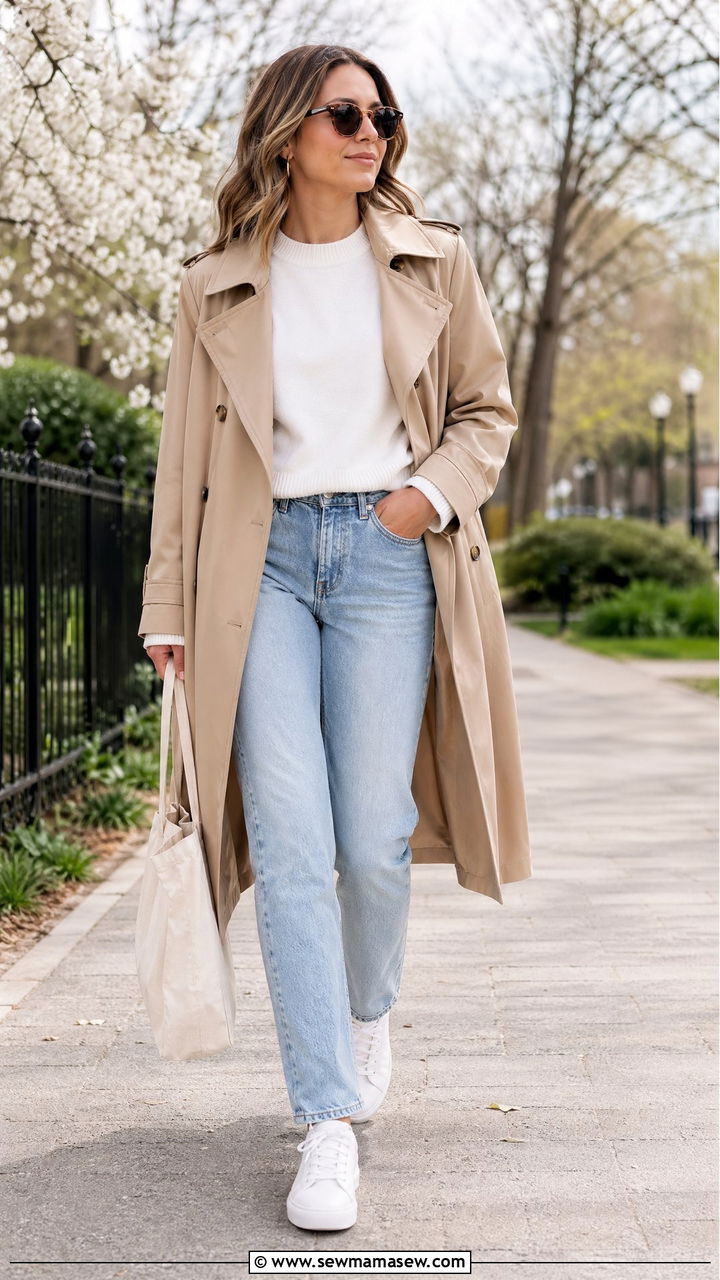 Trench coat and white sneakers spring outfit - 35 spring clean girl outfits
