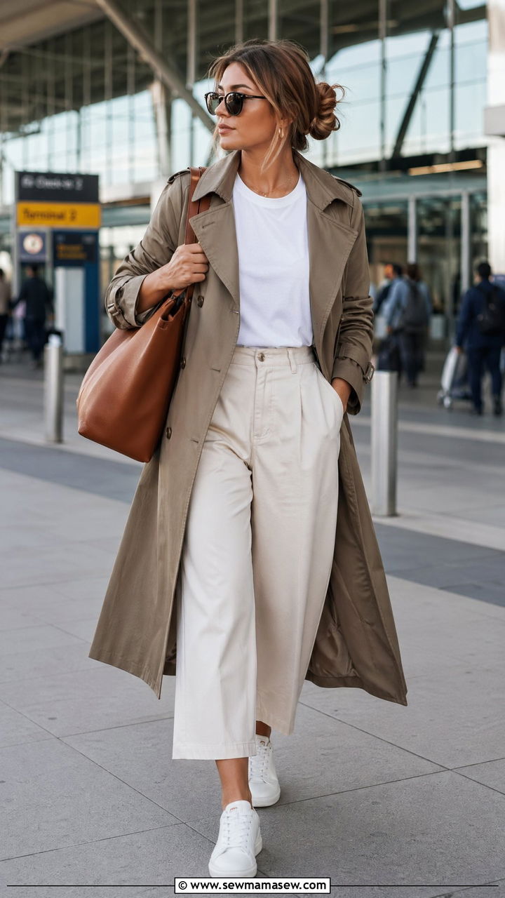 Trench coat and wide leg pants travel outfit - 35 Travel day outfit ideas
