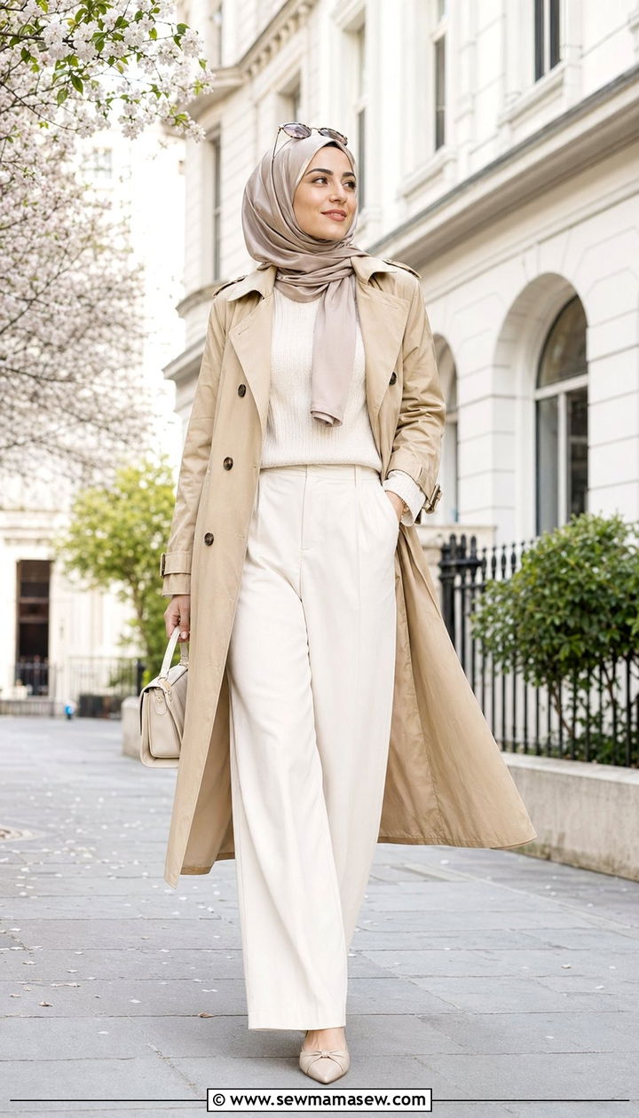 Trench coat and wide leg trousers hijab outfit - 35 Modest outfit ideas with hijab