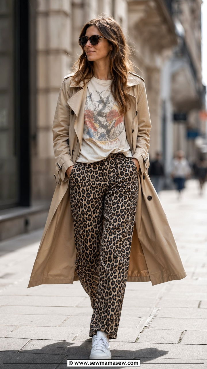 Trench coat graphic tee and printed trousers outfit - 35 Pinterest outfits